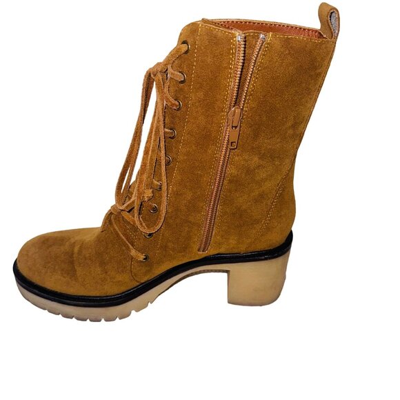 Mum Camel Suede Lace-Up Mid-Calf Boots Chunky Platform Heel Boho Retro 70s Y2K 7 - Picture 7 of 11